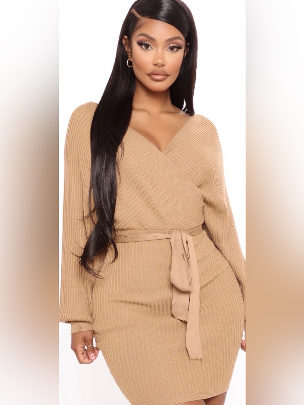 Ribbed Wrap Belted Sweater Dress - Camel